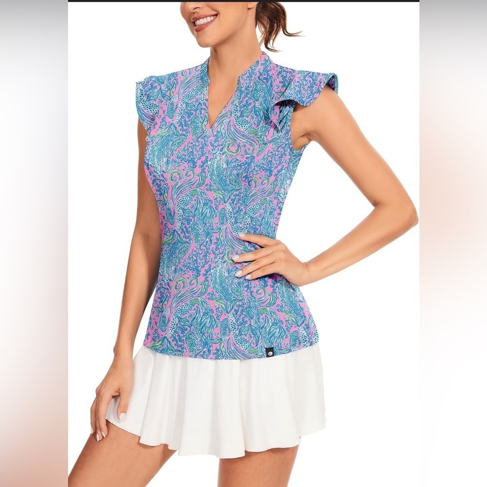 Soneven UPF 50+ Golf Top Medium NWT Blue Pink Flutter Sleeve Athleisure